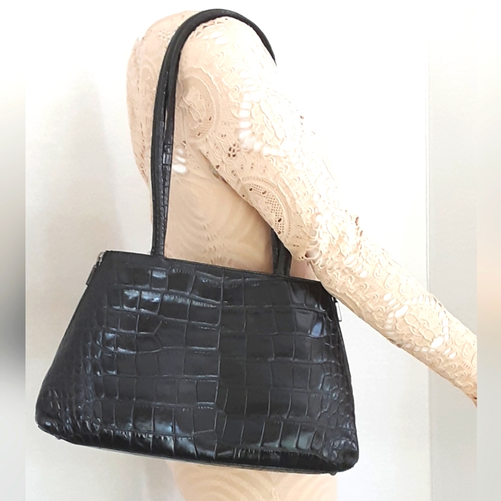 Furla Italy Black Croc Embossed Leather Double Side Zip Shoulder Tote Bag - Vtg